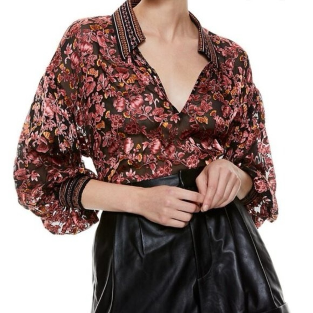 Alice + Olivia shiny red & black sheer Floral silk blend Puff-Sleeve top small